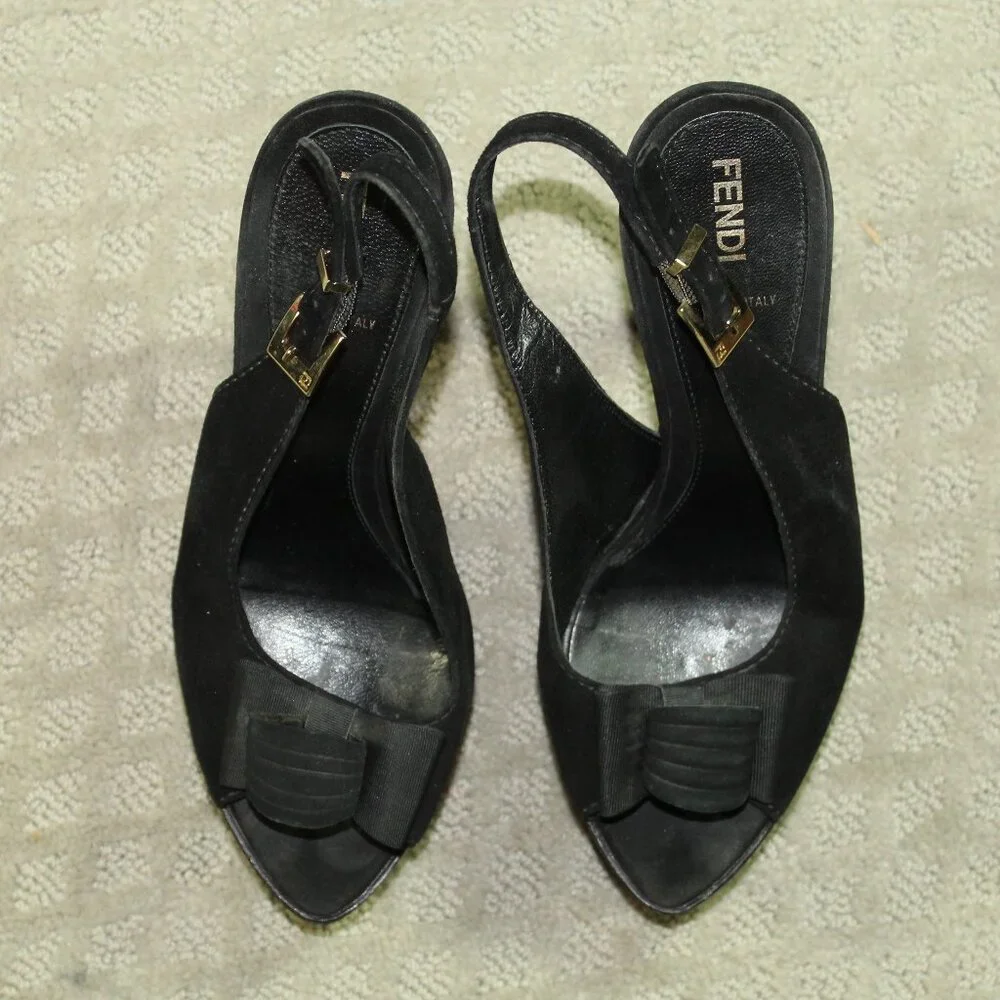 Fendi Black Suede Leather & Ribbon Bow Platform Sling Sandals Size 8 w/ COA